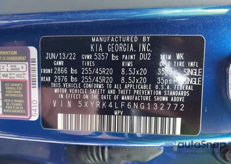 2022 Kia Sorento Sx z USA, uszkodzony, nr VIN 5XYRK4LF6NG132772